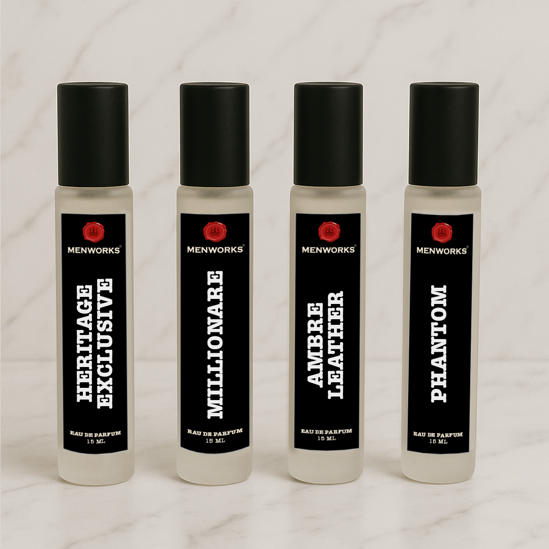 Menworks Combo Pack of 4 - Eau De Parfum Spray | Discovery Set | Strong & Long Lasting | Compact & Travel Friendly | 15 ml Each