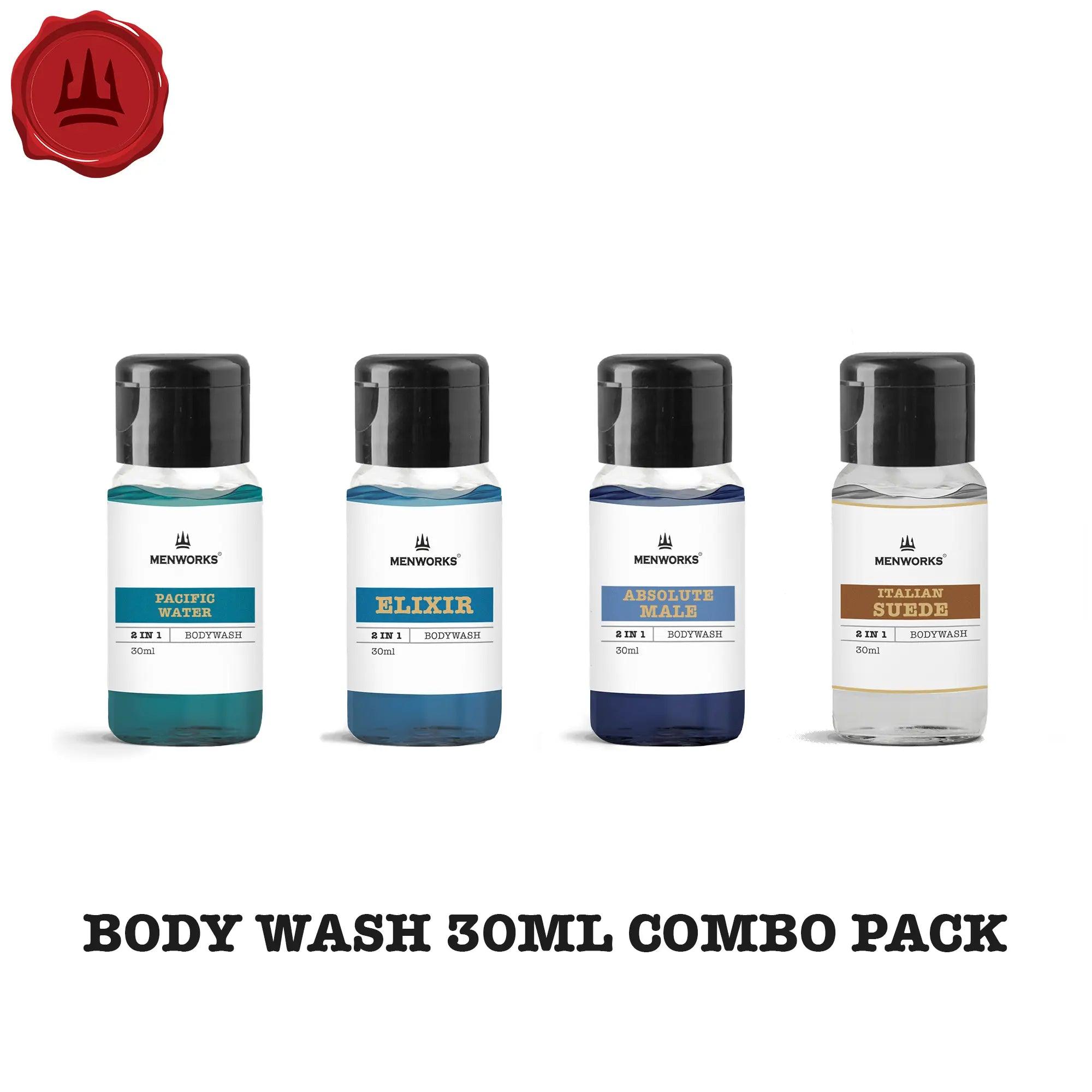 NEW Body Wash Trial Pack (4 X 30 ML) Menworks COOL WATER SAUVAGE ELIXIR ULTRA MALE CREED AVENTUS SAUVAGE DAVIDDOFF SHOWER GEL