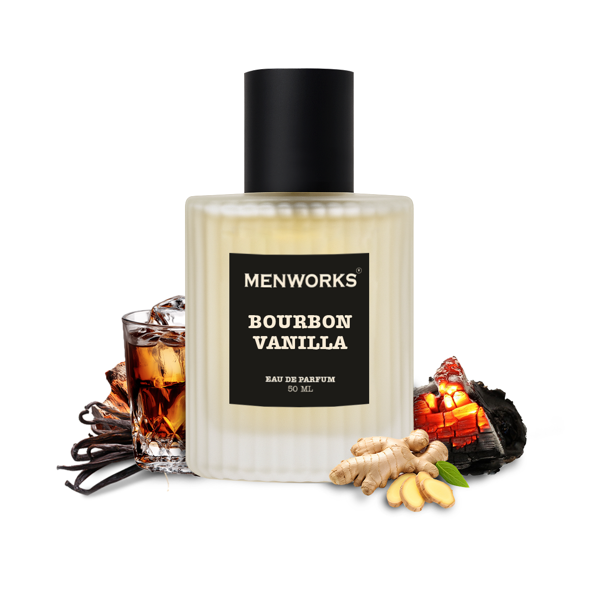 Menworks Bourbon Vanilla perfume bottle with vanilla beans, ginger, and a glass of whiskey on a white background